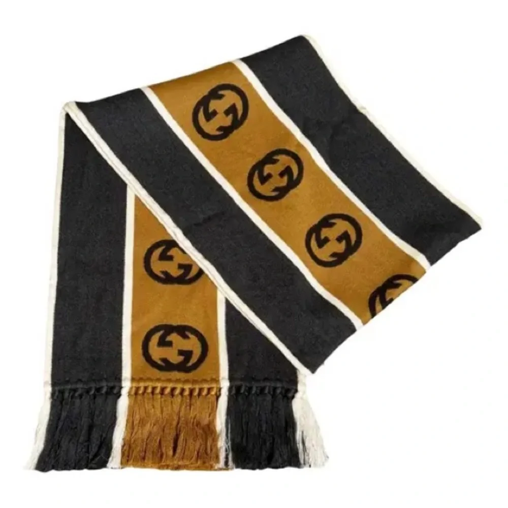 Gucci Camel, Brown & Black GG Logo Knit Scarf wool New with Tags - Picture 4 of 8